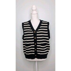 Striped Sweater Preppy Vest Small Oversized Knit Black White Gold Buttons